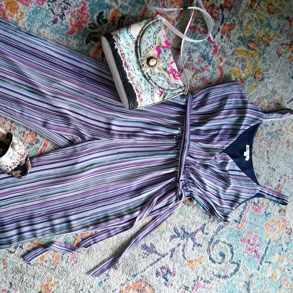NWOT purple & teal cropped striped jumpsuit - Picture 2 of 9